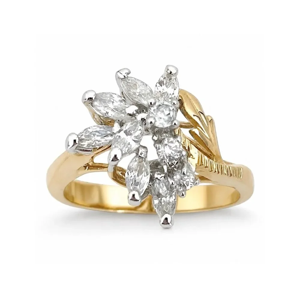 Vintage 1970s Ring Size 6 CZ Floral Spray 14KT Gold Plate - 14Q